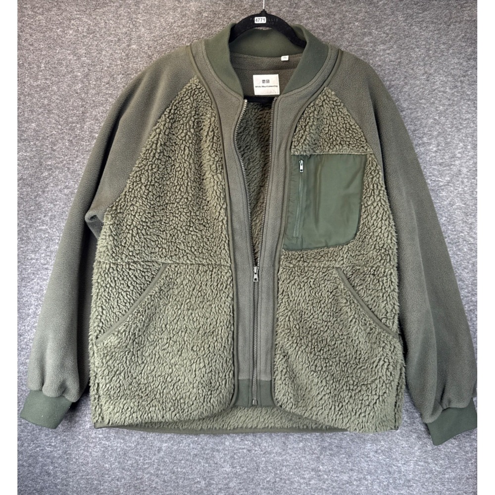 Uniqlo White Mountaineering Oversized Fleece Jacket Mens M Olive Sherpa Full Zip